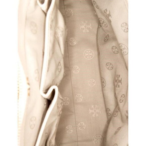 Tory Burch Cream Leather Laser-Cut Tote Bag Snap Top Handle Shoulder Purse - Picture 5 of 8